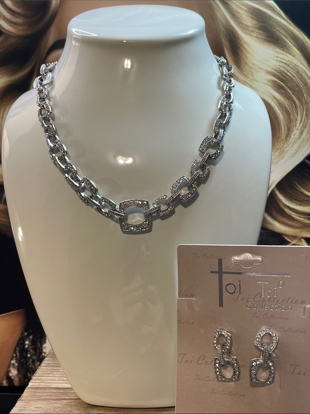 Tolani Silver Crystal Link Necklace with Matching Earrings 20”